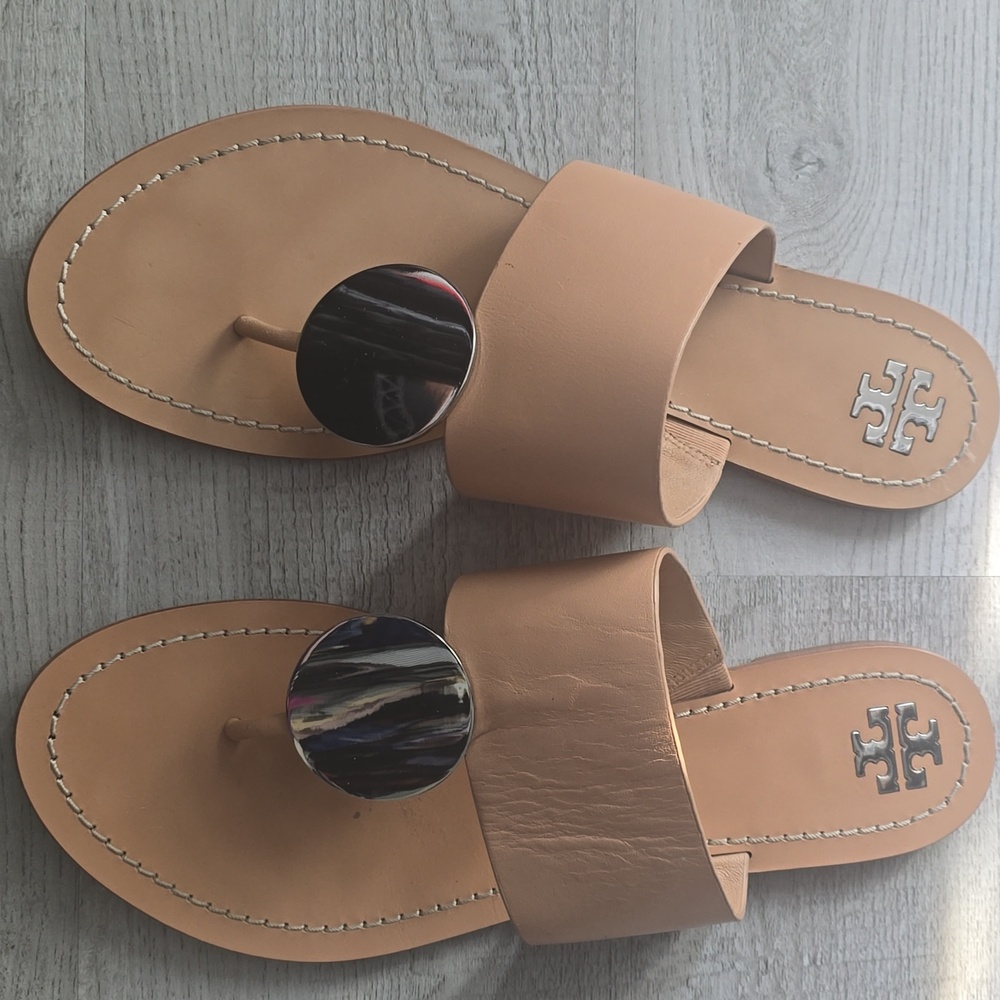 Tory Burch Sandals Womens 10M Tan Leather Patos Disk Style 46914